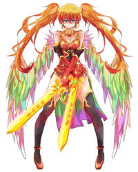  bird_wings boots breasts chinese_clothes cleavage cleavage_cutout clothing_cutout commentary_request dress dual_wielding earrings elbow_gloves female gloves green_eyes holding jewelry large_breasts leilan_(p&amp;d) long_hair looking_at_viewer multicolored_wings orange_hair puzzle_&amp;_dragons short_dress smile solo sword thigh_boots thighhighs tonton_(hamuni123) twintails weapon wings 