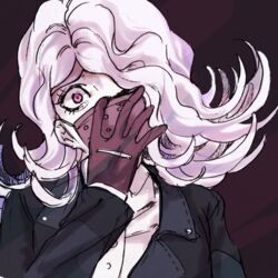  black_jacket chiyo_(min0yoko) commentary_request danganronpa_(series) danganronpa_3_(anime) female gloves hair_over_one_eye jacket kimura_seiko long_hair looking_at_viewer mask mouth_mask purple_eyes silver_hair solo surgical_mask 