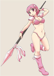  amazon_(mamotte_knight) armor bikini bikini_armor boots commentary_request female full_body gachon_jirou mamotte_knight midriff pink_eyes pink_hair polearm short_hair solo swimsuit weapon 