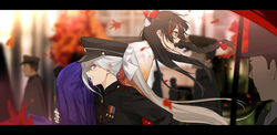  2girls angry black_clothes black_hair black_hat blue_eyes blurry blurry_background bow braid buttons carrying_over_shoulder clenched_teeth commentary glasses gloves grey_hair hair_over_shoulder hairbow hakama hakama_short_skirt hakama_skirt hat highres higuchi_kaede higuchi_kaede_(8th_costume) isshiki_(ffmania7) japanese_clothes kimono leaf letterboxed long_hair maple_leaf military military_hat military_uniform multiple_girls nijisanji open_mouth ponytail purple_eyes red_bow running single_braid skirt symbol-only_commentary teeth tsukino_mito tsukino_mito_(4th_costume) uniform upper_teeth_only very_long_hair virtual_youtuber white_bow white_gloves 