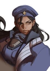  aged_down ana_(overwatch) armor beret black_hair blue_jacket bodysuit brown_eyes captain_amari closed_mouth commentary dark-skinned_female dark_skin et.m facial_mark facial_tattoo female hat jacket lips lipstick long_hair makeup military military_uniform official_alternate_costume overwatch overwatch_1 power_armor serious simple_background solo tattoo uniform upper_body white_background 