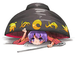  bowl commentary_request female hiding holding holding_needle long_sleeves lying needle on_stomach purple_eyes purple_hair shinapuu smile solo sparkle sukuna_shinmyoumaru touhou wide_sleeves 