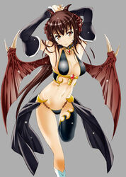  bare_shoulders black_gloves black_thighhighs breasts brown_hair commentary_request demon_girl demon_horns demon_wings detached_sleeves earrings elbow_gloves female gloves horns jewelry lirshana long_hair looking_at_viewer maou_no_hajimekata medium_breasts moonsorrow navel simple_background single_thighhigh solo thighhighs wings yellow_eyes 