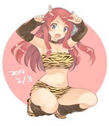  animal_print arm_warmers azuki_(aduki) bad_id bad_twitter_id bikini blue_eyes bow breasts collar commentary cone_horns cosplay female hairbow horns large_breasts long_hair lum lum_(cosplay) minamoto_sakura oni_costume open_mouth polka_dot polka_dot_bow red_hair setsubun solo swimsuit urusei_yatsura zombie_land_saga 