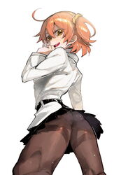  :d ahoge ass belt black_belt black_skirt chaldea_uniform commentary_request eyes_visible_through_hair fate/grand_order fate_(series) female fujimaru_ritsuka_(female) grey_pantyhose hair_between_eyes hair_ornament hair_scrunchie hand_up highres legs_apart long_sleeves looking_at_viewer looking_back mafuyu_hemp miniskirt one_side_up open_mouth orange_eyes orange_hair panties panties_under_pantyhose pantyhose scrunchie shirt short_hair simple_background skirt smile solo thighband_pantyhose underwear upskirt white_background white_panties white_shirt yellow_scrunchie 