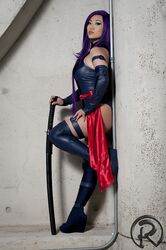  cosplay female katana long_boots marvel photo psylocke purple_hair standing sword weapon x-men yaya_han 