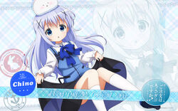  black_skirt blue_bow blue_eyes blue_hair blush bow character_name clothes_lift copyright_name female gochuumon_wa_usagi_desu_ka? hair_ornament highres kafuu_chino kneehighs lifting_own_clothes long_hair long_sleeves looking_at_viewer official_art official_wallpaper okuda_yousuke parted_lips skirt skirt_lift socks tippy_(gochiusa) uniform white_day white_legwear x_hair_ornament 