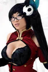  blazblue bra breasts cleavage cosplay glasses large_breasts litchi_faye_ling long_hair staff underwear yaya_han 