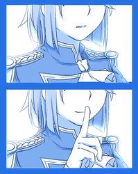  bad_id bad_pixiv_id blue_theme epaulettes female finger_to_mouth head_out_of_frame lowres lulu_heika military military_uniform mole mole_under_eye monochrome neckerchief nelson_(warship_girls_r) shushing smile solo uniform warship_girls_r 