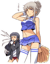  2girls :t =_= alternate_costume alternate_hairstyle anabuki_tomoko anger_vein armband black_hair blue_eyes buruma cheerleader commentary_request elizabeth_f._beurling frilled_panties frills gloves grey_hair headband midriff multiple_girls navel ouendan panties pom_pom_(cheerleading) strike_witches:_suomus_misfits_squadron striped tabigarasu thighhighs underwear whistle white_gloves world_witches_series wristband 