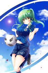  2018_fifa_world_cup ball blue_shirt blue_shorts blue_sky blush breasts cloud commentary_request confetti female frog_hair_ornament green_hair hair_ornament highres japan japanese_flag kochiya_sanae lens_flare midriff_peek navel osashin_(osada) shirt shorts side_ponytail sky snake_hair_ornament soccer soccer_ball soccer_uniform solo sportswear sweatdrop telstar_18 touhou world_cup yellow_eyes 