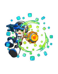  1boy android arm_cannon beck_(mighty_no._9) boots full_body green_eyes helmet highres male_focus mighty_gunvolt mighty_gunvolt_burst mighty_no._9 natsume_yuji official_art open_mouth ringed_eyes simple_background solo weapon white_background 