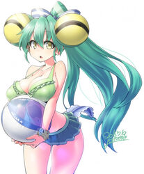  aqua_hair ball beachball bikini bow breasts cleavage commentary_request covered_nipples dated extra_eyes female gradient_hair green_hair hairbow highres jacklyn_(show_by_rock!!) large_breasts long_hair looking_at_viewer multicolored_hair navel ponytail show_by_rock!! simple_background solo strap_gap swimsuit tadpole_tail transparent very_long_hair white_background yellow_eyes yoshida_hideyuki 