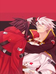  2boys bad_id bad_pixiv_id black_hair blazblue blazblue:_chronophantasma cosplay costume_switch curry eating food gloves jacket jacket_on_shoulders kagura_mutsuki kagura_mutsuki_(cosplay) male_focus multiple_boys ragna_the_bloodedge ragna_the_bloodedge_(cosplay) red_background shirt sweat tomo_(tomorag7) white_hair 