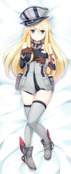  bismarck_(kancolle) blonde_hair blue_eyes breasts commentary_request female hat highres kantai_collection large_breasts long_hair military_hat panties pantyshot photoshop_(medium) solo sorano_(12gou) thighhighs torn_clothes underwear variant_set 