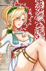  alternate_costume asa_(hitsu_hero) blonde_hair blue_eyes breasts cleavage commentary_request feathered_wings female head_wreath high_ponytail large_breasts laurel_crown mercy_(overwatch) overwatch overwatch_1 panties pantyshot short_sleeves sitting solo underwear winged_victory_mercy wings 