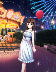  amusement_park balloon bare_shoulders bench black_ribbon blush brown_eyes brown_hair carousel commentary_request dress female ferris_wheel highres lamppost long_hair looking_at_viewer photoshop_(medium) ribbon smile solo underbust white_dress yumemizuki 