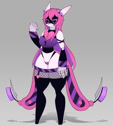 2_tails absurd_res anthro automaton clothing disassembly_drone female glitch_productions hair heart_(marking) heart_symbol hi_res highlights_(coloring) hybrid legwear lilac_(nickzilla) lovander machine markings multi_tail murder_drones muroo pal_(species) palworld pink_body pink_hair pocketpair purple_eyes purple_highlights purple_stripes robot smile smirk solo stinger stinger_tail stockings stripes tail 