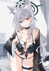  animal_ears black_bra black_choker black_dress blue_archive blue_eyes bra breasts choker cowboy_shot cross_hair_ornament dark_halo dress extra_ears female grey_hair hair_between_eyes hair_ornament halo highres large_breasts long_hair long_sleeves looking_at_viewer navel parted_lips shiroko_(blue_archive) shiroko_terror_(blue_archive) solo thigh_strap underwear wolf_ears yukineko1018 