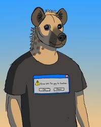  absurd_res anthro black_nose blue_eyes brown_inner_ear_fluff clothed clothing english_text fur hi_res humor hyena imnotjellyatall inner_ear_fluff mal_the_hyena male mammal microsoft microsoft_windows shaded shirt solo spots spotted_hyena standing tan_body tan_fur text text_on_clothing text_on_shirt text_on_topwear topwear tuft window_(computing) 