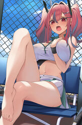  azur_lane bare_shoulders barefoot bench black_bra blue_sky blush bra breasts bremerton_(azur_lane) bremerton_(scorching-hot_training)_(azur_lane) chain-link_fence cleavage cloud commentary crop_top crop_top_overhang day feet female fence green_skirt grey_hair hair_between_eyes hair_intakes hair_ornament hand_on_own_chest highres large_breasts leg_up long_hair looking_at_viewer midriff mole mole_under_eye multicolored_hair nail_polish navel navel_piercing official_alternate_costume open_mouth outdoors piercing pink_eyes pink_hair pink_nails racket see-through see-through_shirt shadow shirt sidelocks sitting skirt sky sleeveless sleeveless_shirt soar_sora222 solo sportswear stomach streaked_hair sweat tennis_court tennis_racket tennis_uniform toenail_polish toenails twintails two-tone_hair two-tone_shirt two-tone_skirt underwear wet wet_clothes wet_shirt white_shirt white_skirt x_hair_ornament 