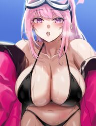  absurdres bikini black_bikini blue_archive blush breasts commentary eimi_(blue_archive) eimi_(swimsuit)_(blue_archive) female goggles goggles_on_head halo highres jacket large_breasts long_hair looking_at_viewer navel official_alternate_costume open_clothes open_jacket open_mouth pink_eyes pink_hair pink_halo pink_jacket ponytail saki_(remainaddd) solo swimsuit teeth upper_teeth_only 