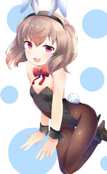  animal_ear_hairband animal_ears aru_(arudes) bare_arms bare_shoulders black_footwear black_hairband black_leotard black_pantyhose black_wrist_cuffs blush bow bowtie breasts brown_hair cleavage commentary_request commission detached_collar fake_animal_ears fake_tail female full_body hair_between_eyes hairband high_heels highleg highleg_leotard highres leotard light_brown_hair looking_at_viewer oerba_yun_fang open_mouth pantyhose playboy_bunny rabbit_ears rabbit_tail red_bow red_bowtie red_eyes short_hair skeb_commission skin_fang slow_loop small_breasts solo strapless strapless_leotard tail wrist_cuffs yoshinaga_koi 