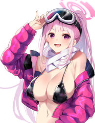  :d adjusting_eyewear ariko_youichi arm_up bare_shoulders bikini black_bikini blue_archive blush breasts cleavage commentary_request eimi_(blue_archive) eimi_(swimsuit)_(blue_archive) female goggles goggles_on_head halo hand_on_eyewear jacket large_breasts long_hair long_sleeves navel off_shoulder official_alternate_costume open_clothes open_jacket pink_eyes pink_hair pink_halo pink_jacket ponytail scarf sidelocks simple_background smile solo swimsuit teeth upper_body upper_teeth_only white_background white_scarf 