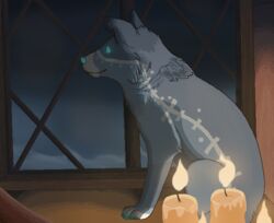  2013 aliasing ambiguous_gender blue_claws blue_eyes blue_nose blue_pawpads candle canid canine canis claws collie detailed_background digital_drawing_(artwork) digital_media_(artwork) domestic_dog feral fur grey_body grey_fur herding_dog inside lit_candle looking_out_window mammal microsoft_paint_(artwork) night pastoral_dog pawpads paws sebdoggo shaded sheepdog sitting snout solo window winter 