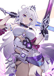  armor asc11 bare_shoulders black_gloves blue_eyes breasts chinese_commentary cleavage closed_mouth crown dress drill_hair dual_wielding female gloves grey_eyes grey_hair gun hair_between_eyes hair_ornament highres holding holding_gun holding_sword holding_weapon honkai_(series) honkai_impact_3rd jewelry kiana_kaslana kiana_kaslana_(herrscher_of_finality) large_breasts long_hair looking_at_viewer purple_pupils simple_background smile solo sword twin_drills very_long_hair weapon white_background white_dress white_hair 