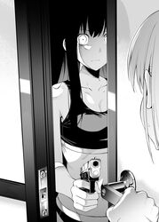  2girls blank_stare breasts chicke_iii cleavage closed_mouth collarbone commentary_request door door_handle empty_eyes expressionless finger_on_trigger greyscale gun highres holding holding_gun holding_weapon inoue_takina long_hair looking_at_another lycoris_recoil menacing monochrome multiple_girls nishikigi_chisato opening_door panties sports_bra sweatdrop underwear weapon 