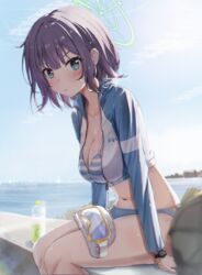  aka_(440626) bikini blue_archive blush bottle breasts cleavage closed_mouth collarbone day feet_out_of_frame female goggles green_eyes green_halo halo highres long_sleeves looking_at_viewer medium_breasts ocean official_alternate_costume outdoors purple_hair raglan_sleeves rash_guard saki_(blue_archive) saki_(swimsuit)_(blue_archive) short_hair sitting solo striped_bikini striped_clothes swimsuit unworn_goggles watch water water_bottle wristwatch 