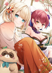  2girls aqua_eyes bare_shoulders blonde_hair blush bow breasts cleavage closed_mouth commentary_request detached_collar flower hair_flower hair_ornament hair_ribbon hairbow hakama heterochromia highres hololive houshou_marine houshou_marine_(new_year) japanese_clothes kazama_iroha kazama_iroha_(new_year) kimono looking_at_viewer medium_breasts miyagi_ratona multiple_girls obi official_alternate_costume open_mouth orange_hakama pokobee purple_flower red_eyes red_hair ribbon sash short_hair sitting smile virtual_youtuber white_bow white_kimono yellow_eyes 