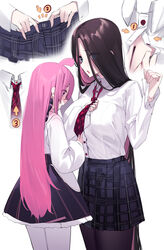  2girls absurdres adjusting_another&#039;s_clothes adjusting_clothes adjusting_necktie ako_ko_(yaguo) black_skirt blue_skirt breasts brown_hair collared_shirt commentary eyes_visible_through_hair green_eyes height_difference highres large_breasts long_hair long_sleeves multiple_girls multiple_views necktie original pink_eyes pink_hair pity_(yaguo) plaid plaid_necktie plaid_skirt pleated_skirt red_necktie shirt simple_background skirt standing very_long_hair white_background white_shirt yaguo 