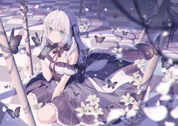  a20_(atsumaru) antenna_hair black_ribbon blue_eyes breasts checkered_floor cleavage crescent crescent_hair_ornament dress female flower frilled_dress frills gloves hair_ornament hair_ribbon highres kazuki_mikuru lily_(flower) looking_at_viewer official_art on_floor propro_production ribbon solo star_(symbol) star_hair_ornament virtual_youtuber white_flower white_hair 