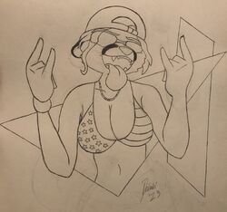  absurd_res anthro aviator_glasses backwards_baseball_cap backwards_hat baseball_cap bikini bikini_top clothing cougar dahabi devil_horns_(gesture) double_devil_horns_(gesture) eyewear fangs felid feline female flag_bikini gesture glasses grand_theft_auto grand_theft_auto_vi graphite_(artwork) hand_gesture hat headgear headwear hi_res jewelry mammal navel necklace pen_(artwork) pencil_(artwork) rockstar_games solo swimwear teeth tongue tongue_out traditional_media_(artwork) 