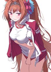  alternate_costume animal_ears antenna_hair blush breasts brown_hair buruma clenched_hand collarbone commentary_request daiwa_scarlet_(umamusume) female hair_between_eyes hair_intakes hair_ornament highres horse_ears horse_girl horse_tail itosu200 jacket large_breasts long_hair looking_at_viewer red_eyes ribbon simple_background solo tail tiara tracen_training_uniform track_jacket twintails umamusume white_background 