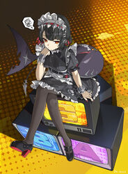  absurdres arm_support black_dress breasts crossed_legs dor_m dress ellen_joe eye_trail female fins fish_tail frilled_wristband full_body highres knee_strap light_trail long_hair looking_at_viewer maid maid_headdress medium_breasts mole mole_under_eye pantyhose red_eyes shark_girl shark_tail solo spoken_squiggle squiggle tail zenless_zone_zero 