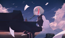  absurdres bird black_shirt blue_sky breasts closed_eyes cloud commentary crop_top feet_out_of_frame female grand_piano grey_pants grey_shirt highres instrument light_brown_hair medium_bangs medium_breasts microphone midriff multicolored_hair music nanashi_inc. official_alternate_costume open_mouth orange_hair pants papers piano playing_instrument sechipuu second-party_source shirt shirt_partially_removed short_hair singing sky sleeveless sleeveless_shirt solo touri_sei touri_sei_(2nd_costume) turtleneck two-tone_hair virtual_youtuber 