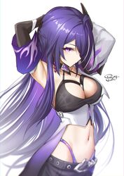  absurdres acheron_(honkai:_star_rail) armpits arms_up black_choker black_shorts breasts chinese_commentary choker closed_mouth coat commentary_request crop_top female hair_ornament highres honkai:_star_rail honkai_(series) long_hair looking_at_viewer multicolored_hair navel purple_eyes purple_hair royboy short_shorts shorts simple_background single_bare_shoulder solo stomach streaked_hair upper_body very_long_hair white_background 