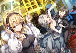  3girls :d album_cover arm_up bare_shoulders black_footwear black_hair black_jacket black_pants black_shirt blonde_hair bow bowtie breasts cleavage closed_eyes collared_shirt cover dancing denonbu dress elbow_gloves fur-trimmed_jacket fur_trim gloves green_eyes grey_dress grey_hair haijima_ginka hand_on_another&#039;s_arm hand_on_headphones hand_up holding_hands index_finger_raised jacket jewelry kurogane_tama lapels large_breasts long_hair long_sleeves looking_at_viewer medium_breasts multiple_girls necklace open_mouth pants people red_bow red_bowtie red_eyes shirokane_aki shirt shoes short_hair smile standing standing_on_one_leg suit tauyuki_saema white_gloves white_jacket white_shirt 