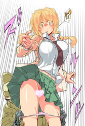  !? absurdres blonde_hair blush bouncing_breasts breasts censored emphasis_lines female green_skirt heart heart_censor highres kaitou_reiko motion_lines necktie no_panties original oteruko_(wanabeee) panties school_uniform short_hair skirt solo speed_lines spoken_interrobang underwear 