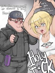  1boy absurdres blonde_hair breasts brown_eyes brown_hair cleft_chin commission crop_top cropped_shirt double_chin electronic_cigarette english_commentary english_text eri_(uragoner) family_guy fat fat_man female glasses green_eyes helm helmet highres kowai_(iamkowai) midriff military_uniform minion_(despicable_me) peter_griffin profanity red-tinted_eyewear round_eyewear second-party_source short_hair sunglasses tinted_eyewear uniform uragoner very_short_hair 