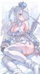  armor bare_shoulders blue_eyes breasts cleavage closed_mouth covered_navel cross cross-laced_slit cross_earrings crown detached_sleeves earrings eyes_visible_through_hair female food fruit hair_over_one_eye highres holding holding_food holding_fruit jewelry large_breasts looking_at_viewer open_mouth original side_ponytail sideless_outfit sword thighhighs voruvoru weapon white_sleeves white_thighhighs 