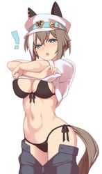  absurdres animal_ears bikini black_bikini blue_eyes blush boc&#039;z_(umamusume) breasts brown_hair cheval_grand_(boc&#039;z)_(umamusume) cheval_grand_(umamusume) cleavage ear_covers ear_ornament female hair_between_eyes hakutaqanta hat hat_belt highres horse_ears horse_girl horse_tail horseshoe_ornament medium_breasts medium_hair multicolored_hair open_mouth peaked_cap shirt simple_background solo swimsuit tail umamusume 