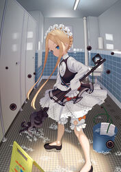  abigail_williams_(fate) abigail_williams_(festival_outfit)_(fate) absurdres alternate_costume black_skirt blonde_hair bloomers blue_eyes braid breasts bucket dress enmaided fate/grand_order fate_(series) female forehead french_braid highres key keyhole layered_skirt long_hair looking_at_viewer maid maid_headdress mop oversized_object parted_bangs sash shiro_ami sidelocks skirt sleeves_past_fingers sleeves_past_wrists small_breasts smile solo tentacle very_long_hair white_bloomers white_dress 