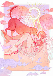  angel_wings animal arm_warmers arnold_(jojo) bare_shoulders blurry border canine choker closed_mouth cloud diamond_wa_kudakenai dress feathered_wings female floating from_side full_body gradient_background hairband highres holding holding_animal jojo_no_kimyou_na_bouken looking_at_animal mizudama multicolored_background orange_background orange_eyes orange_hair outside_border pink_choker pink_dress pink_footwear purple_background sandals short_hair simple_background smile sugimoto_reimi sun white_border white_wings wings yellow_hairband 