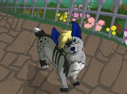  2013 aliasing ambiguous_gender black_highlights black_markings blonde_hair blue_eyes blue_inner_ear blue_nose blue_tongue canid canine canis claws countershade_fur countershading day detailed_background digital_drawing_(artwork) digital_media_(artwork) digitigrade dipstick_tail domestic_dog feet fence feral feral_with_hair fingerless_(marking) flower freckles fur grass grey_body grey_fur hair herding_dog highlights_(coloring) leg_markings looking_up mammal markings microsoft_paint_(artwork) open_mouth open_smile outside pastoral_dog paws plant sebdoggo shaded short_tail shrub smile socks_(marking) solo spots spotted_markings standing striped_markings stripes tail tail_markings teeth toeless_(marking) toeless_socks_(marking) tongue welsh_corgi white_body white_claws white_countershading 