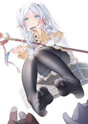  :3 aqua_eyes artist_name black_pantyhose capelet cat_teaser dangle_earrings dress drop_earrings earrings elf feet feline female foot_focus foreshortening frieren hand_on_own_cheek hand_on_own_face head_rest highres holding holding_staff jewelry legs long_hair looking_at_viewer mage_staff no_shoes pantyhose parted_bangs pointy_ears shirt sitting soles solo sousou_no_frieren staff striped_clothes striped_shirt suaynnai_wanzi suitcase thick_eyebrows thighband_pantyhose toe_seam toes twintails white_background white_capelet white_dress white_hair 