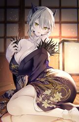  artoria_pendragon_(fate) artoria_pendragon_(lancer_alter)_(fate) bare_shoulders black_kimono blonde_hair braid breasts commentary_request commission emanon123 fate/grand_order fate_(series) female french_braid highres horns indoors japanese_clothes kimono lantern looking_at_viewer revealing_clothes skeb_commission smile socks solo yellow_eyes 